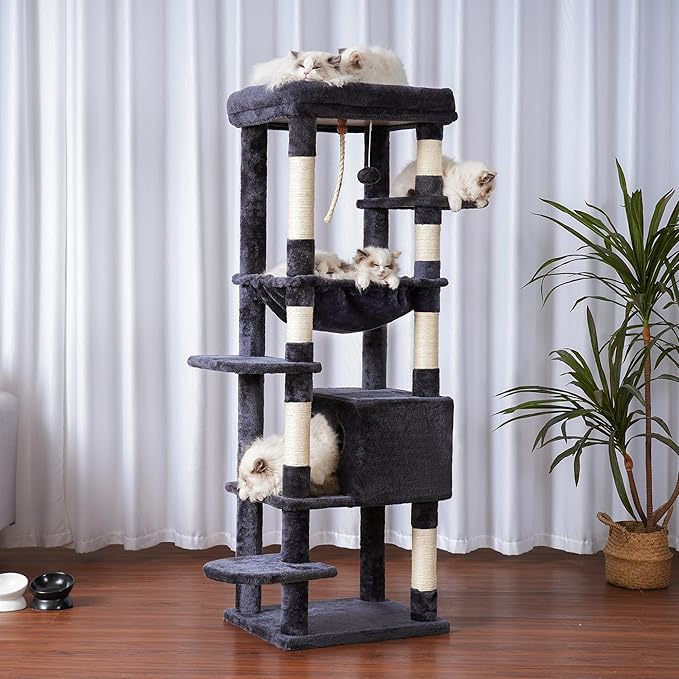 Heybly Cat Tree for Large Cats 20lbs Heavy Duty, 60 inches XXL Cat Tower for Indoor Cats, Multi-Level Furniture Condo with Big Padded Plush Perch, Cozy Basket, Smoky Gray HCT050G