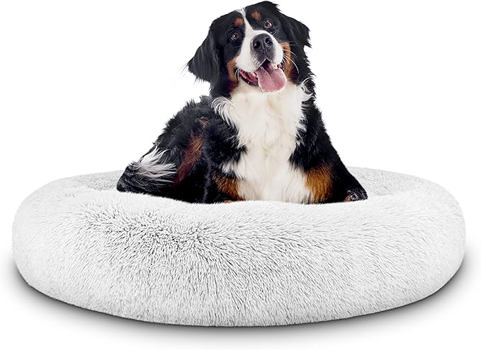 The Dog's Bed Sound Sleep Donut Dog Bed, Ice White Fur XL, Veterinary Approved