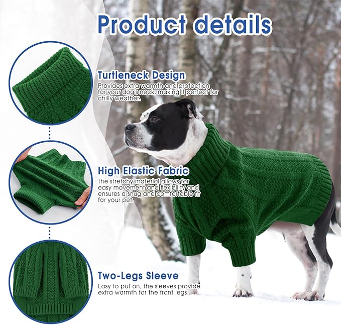 Queenmore Large Dog Sweater, Green, Acrylic, Turtleneck Pullover, Christmas, Winter, Large Size