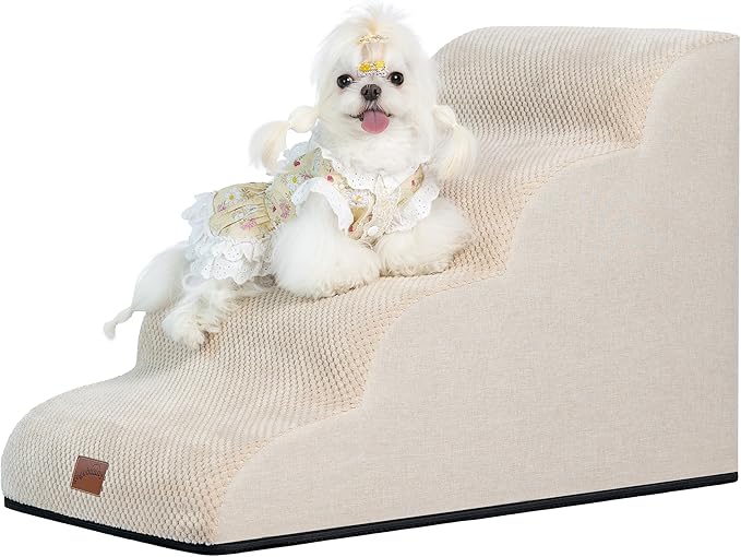 GoGoBunny Waterproof High Density Foam Curved Dog Stairs for High Beds Couches 19.7" H, 4-Step Ramp Dog Steps Friendly to Small Medium Dogs or Pets Joints, Non-Slip Balanced Durable Pet Step, Beige