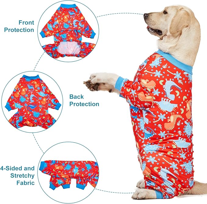 LovinPet Pitbull Dog Pajamas, Large Dog Onesies for Surgery Care, Lightweight Stretchy Knit Fabric, Dinosaur Jungle Red Print, Pet Clothes, UV Protection, Pet Anxiety Relief, PJ's for Dogs, 2XL