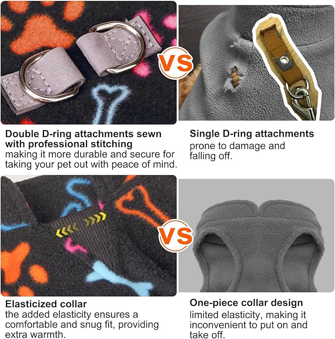 BEAUTYZOO Small Dog Sweater Fleece Vest Winter Jacket, D-Ring Leash Attachment for XS S Puppy Medium Sized Breeds Dogs, Cold Weather Dog Clothes Windproof Keep Warm, Bones Paw Pattern S