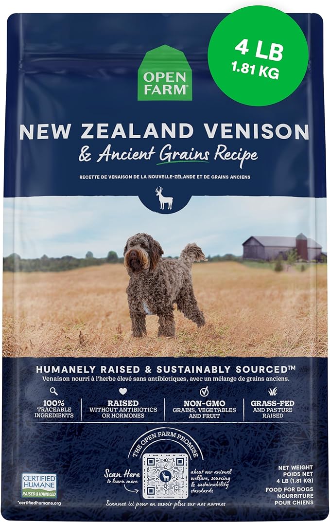 Open Farm, Ancient Grains Dry Dog Food, Protein-Rich & Nutrient Dense, 90% Animal Protein Mixed with Non-GMO Fruits, Veggies and Superfoods, New Zealand Venison Recipe, 4lb Bag