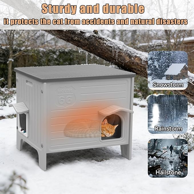 Heated Cat House for Winter, Feral Cat Houses for Outdoor with Escape Door, Outside Waterproof Cat Shelter for Feral Cats, Assemble Easily