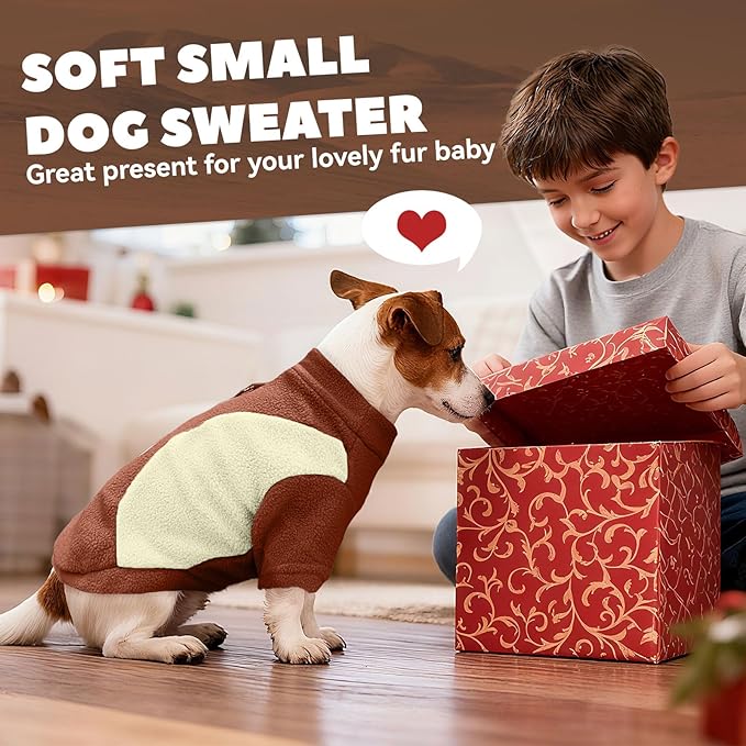 Small Fleece Dog Sweater with Leash Ring Soft Warm Fall Winter Dog Clothes Cute Cat Apparel Puppy Sweaters Classic Pullover Doggy Sweatshirts Chihuahua Costumes Cat Outfits(Brown,M)