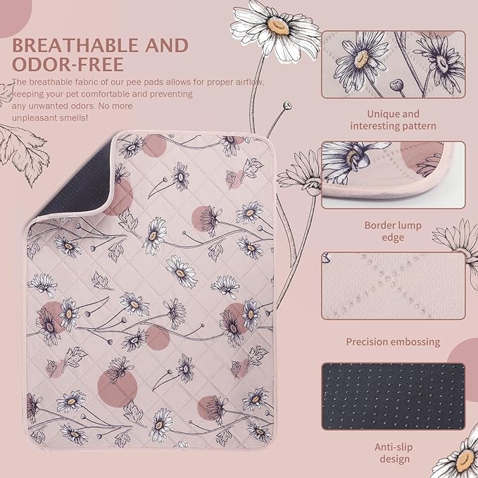 IEUUMLER Washable Pee Pads for Dogs, 2 Pack Non-Slip & Waterproof Pack Whelping Pad, Reusable Washable Puppy Potty Training Pad with Fast Absorbent for Playpen EU007 (Pink Daisy, 42"X28"-2pcs)