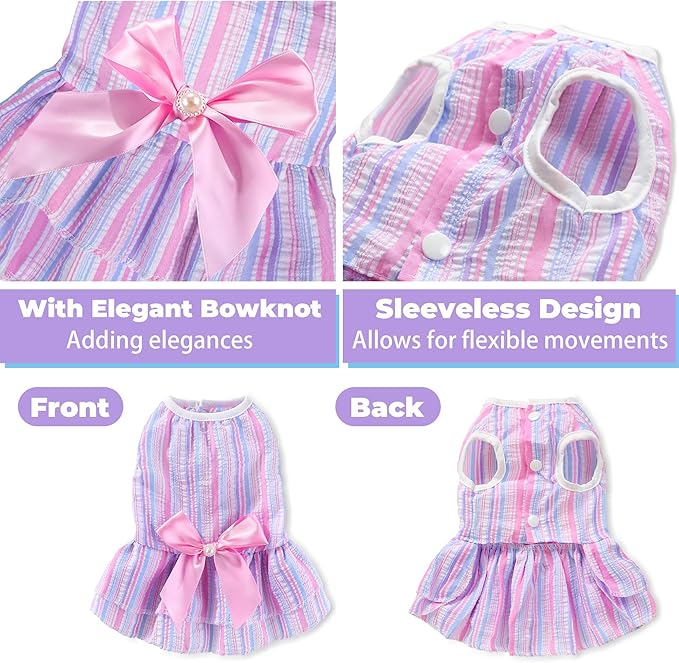 Dog Dress, Cute Pet Princess Dresses with Bright Color Design, Sweet Bowknot, Dog Clothes for Small Dogs Girl, Breathable & Lightweight, for Spring Summer, 2 Pack (Pink Purple, X-Small)