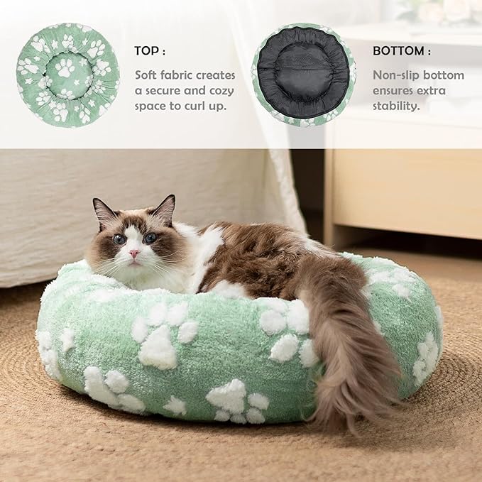 Yaning Donut Dog Beds for Small Dogs, Calming Round Cat Beds for Indoor Cats, Cute 3D Textured Paw Pet Bed with Removable Washable Cover and Anti-Slip Bottom（Green，20"）