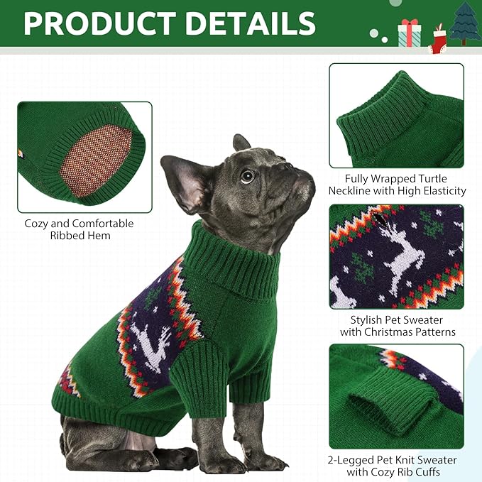 Queenmore Dog Christmas Sweater,Turtleneck Knitted Pullover Xmas Pet Clothes Sweatshirt,Christmas Outfit, Warm Dog Sweaters for Small Dogs Boy Girl,XmasDeer,XS