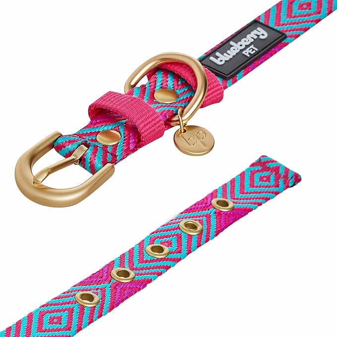 Blueberry Pet Southwestern Tribal Lozenges French Pink Adjustable Dog Collar with Metal Buckle, Neck 9-12.5", for Small Breed