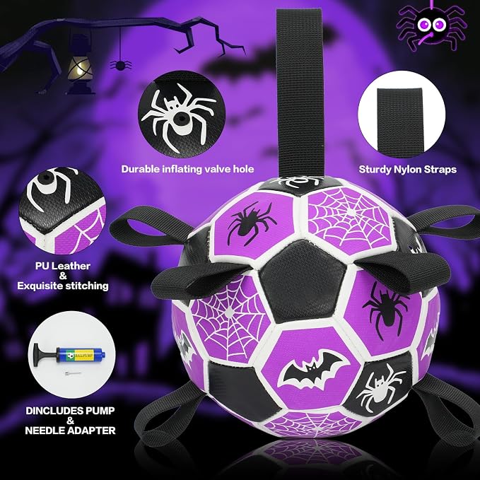 Dog Toys Balls, Dog Soccer Ball with Straps, Dog Birthday Gifts, Durable Balls for Small Medium Pet, Puppy Outdoor Toy, Pet Training Soccer Ball, World Cup Soccer (7.25 Inch) (Spider, Large)