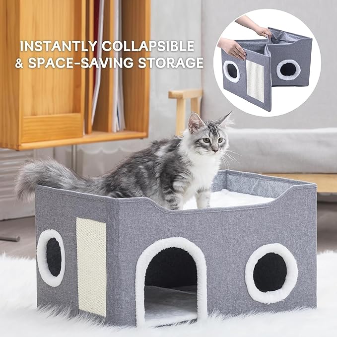 Gosipeya Cat House for Indoor Cats – Foldable Cat Cave & Covered Cat Bed, Cozy Hideaway for Small Pets and Large Cats (23.6"x16"x12.8"),Grey