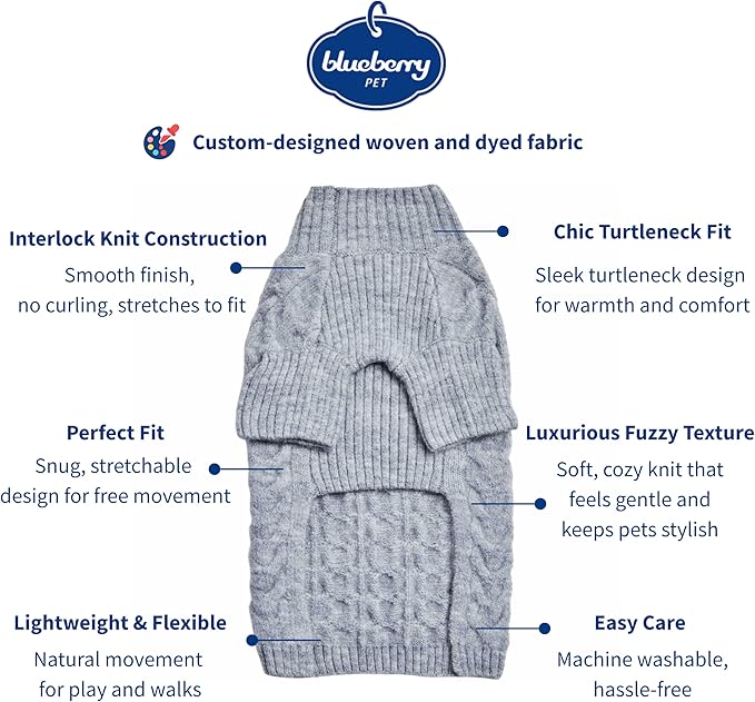 Blueberry Pet Classic Fuzzy Textured Knit Pullover Turtle-Neck Dog Sweater in Heather Grey, Back Length 14", Pack of 1 Clothes for Dogs