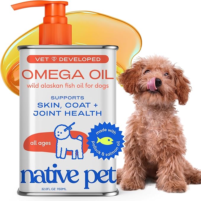 Native Pet Omega 3 Fish Oil for Dogs & Cats - Promotes Healthy Skin, Shiny Coat & Strong Joints - Made with Wild Alaskan Salmon Oil for Dogs – Tasty, Fast-Absorbing Omega 3 6 9 Liquid Supplement-32oz