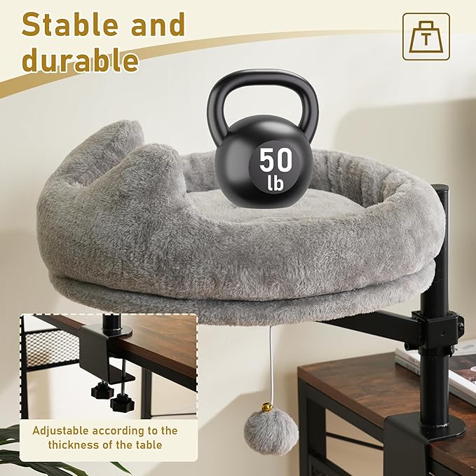 AurnaGle Cat Desk Bed, 360° Rotating & Adjustable & Lock Cats Bed for Desk, Grey Soft with Long Plush Fabric Mat, Modern Indoor Cat Nest Furniture for Office Desks and Game Tables, Island Table