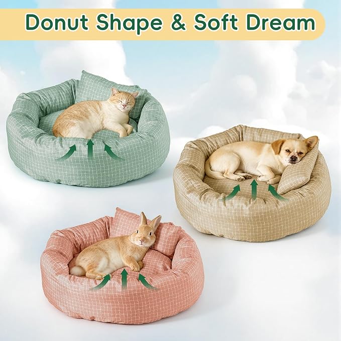 Colewin Small Cat Bed for Indoor Cats Dogs, Washable Round Donut Pet Bed for Puppies Kittens, Cute Rabbit Bunny Beds with Reversible Winter & Summer Cushion for Pets Up to 8lbs (Red)
