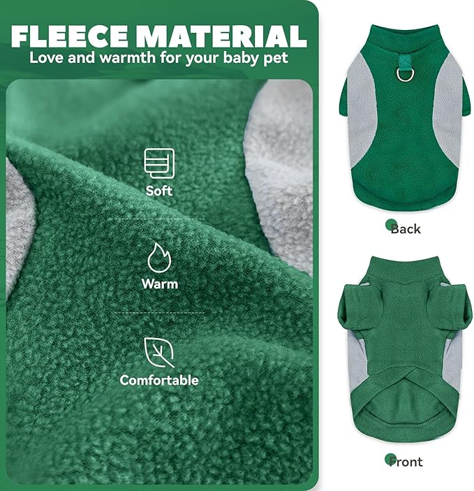 Small Fleece Dog Sweater with Leash Ring Soft Warm Fall Winter Dog Clothes Cute Cat Apparel Puppy Sweaters Classic Pullover Doggy Sweatshirts Chihuahua Costumes Cat Outfits(Green,XXL)