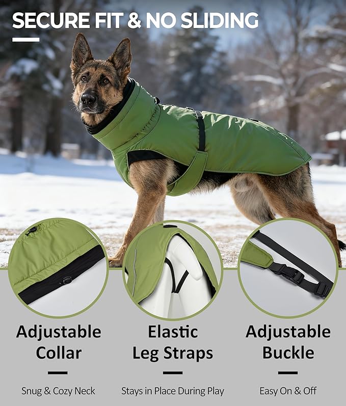 Ultra-Warm Dog Winter Coat for Hiking & Running, Adjustable Puffer Jacket with Anti-Slip Leg Straps, Water-Repellent Shell & Breathable Mesh Lining for Active Dogs (Green, X-Large)
