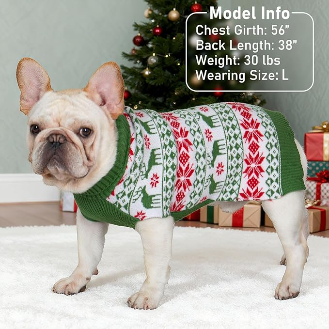 KYEESE Dog Christmas Sweater, Cozy Turtleneck Dog Sweater for Small Dogs Boy Girl with Snowflake & Reindeer Pattern, Soft Knit Holiday Outfit with Leash Hole, Winter Pet Clothes, Small