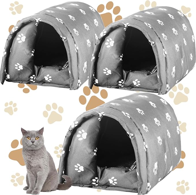 DoubleFill 3 Pcs Cat Houses for Outdoor Cats Winter Weatherproof Insulated Stray Feral Cat Dog House Outdoor Pet Shelter Waterproof Pet Cave Wild Animal (Paw Prints,16.5 x 12 x 11 Inches)