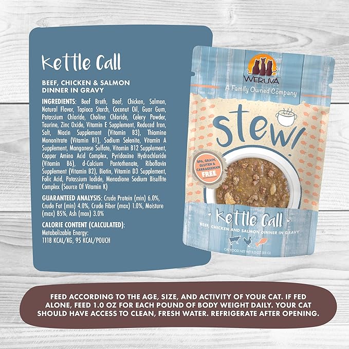 Weruva Classic Cat Stews!, Kettle Call with Beef, Chicken & Salmon in Gravy, 3oz Pouch (Pack of 12)