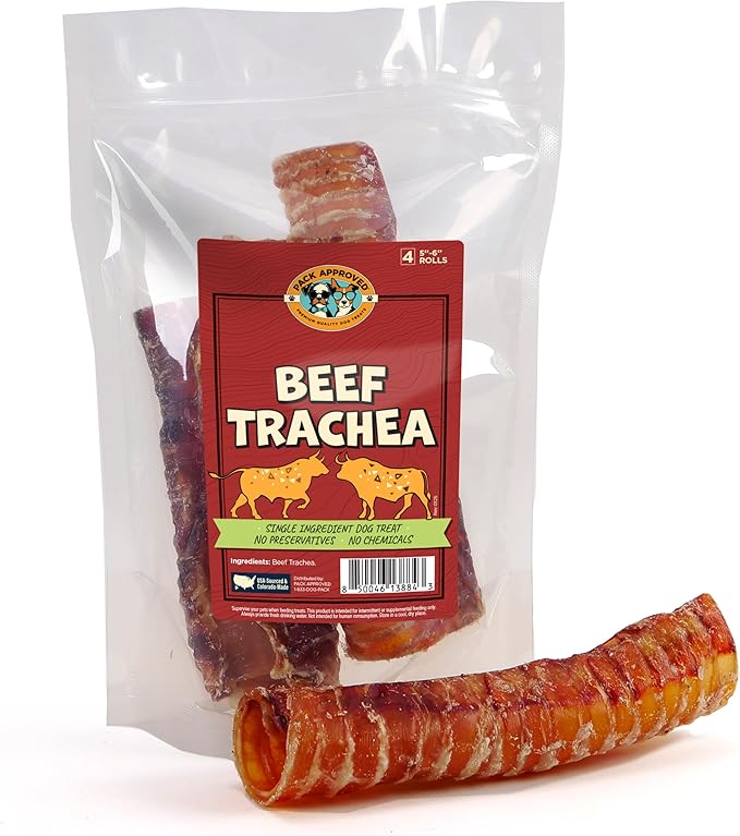 Beef Trachea - Dehydrated Beef Dog Treats Made in USA - Single Ingredient Treat w/Chondroitin & Glucosamine - Dog Joint Health for Small to Medium Breeds - 5-6" (4ct)