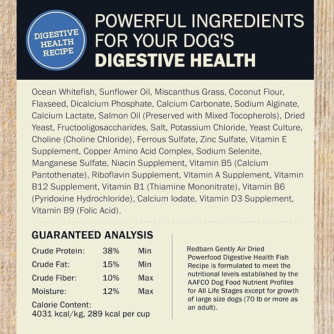 Redbarn Powerfood Air Dried Dog Food for Digestive Gut Health - 85% Real Ocean Whitefish with Prebiotics & Postbiotics - Non-GMO Dry Full Feed or Topper Made in USA - 2lb