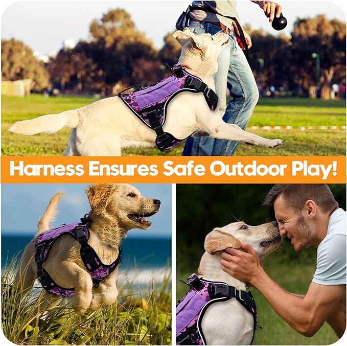 Heavy-Duty Tactical Dog Harness for Large Dogs, No Pull Adjustable Reflective Pet Vest with Molle System, K9 Military-Grade Control for Service Training, Outdoor & 10+ Breeds, Purple Camo, Large