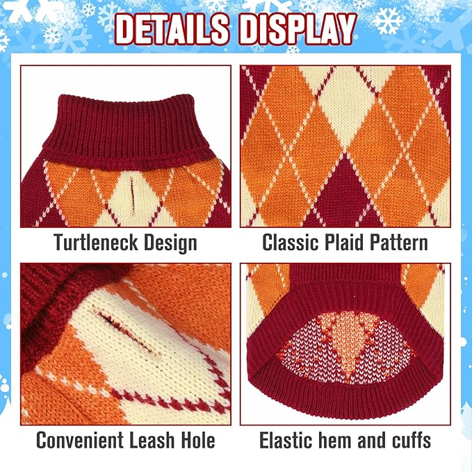 KOOLTAIL Small Dog Sweater, Knit Turtleneck Fall Thanksgiving Dog Sweaters for Medium Large Dogs, Plaid Pullover Cold Weather Knitwear Pet Winter Warm Clothes, Puppy Coat for Girls Boys, Orange M