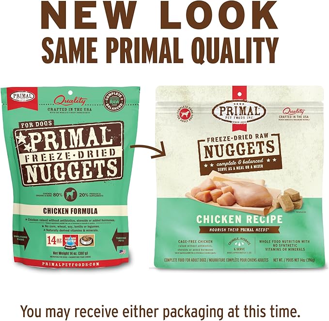 Primal Freeze Dried Raw Dog Food Nuggets, Chicken, Complete & Balanced Meal, Also Use as Topper or Treat, Premium, Healthy, Grain Free, High Protein Raw Dog Food, 5.5 oz