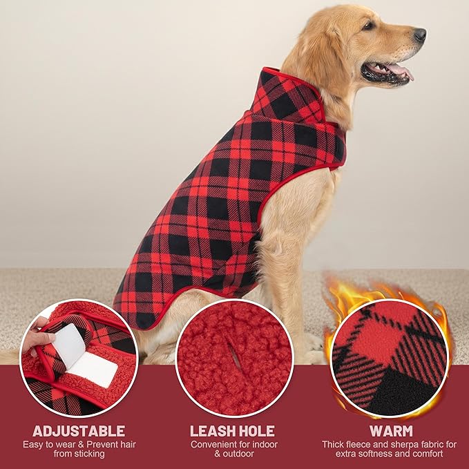 cyeollo 2XL Dog Coat, Sherpa Winter Dogs Sweater Warm Fleece Doggie Coats Turtleneck Reversible Jackets for Small Medium Large Dogs with Leash Hole, Soft Cold Weather Vest, Buffalo Plaid XXL