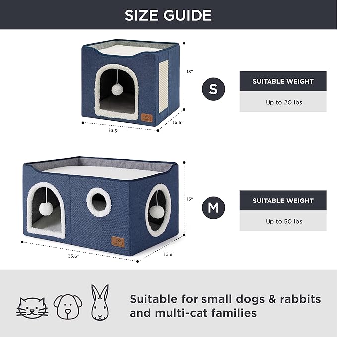 Bedsure Large Cat Beds for Indoor Cats - Extra Wide Cat Cube House for Small Pet with Fluffy Ball Hanging and Scratch Pad, Foldable Pet Cave Hideaway for Multiple Cats, 23.6x16.9x13 inches, Blue