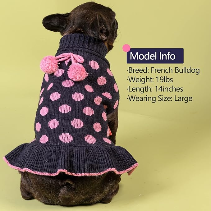 KYEESE Dog Sweaters with Leash Hole Small Dogs Sweater Dress Polka Dot Knitwear Warm for Girl Dog Clothes with Pom Pom Ball, M