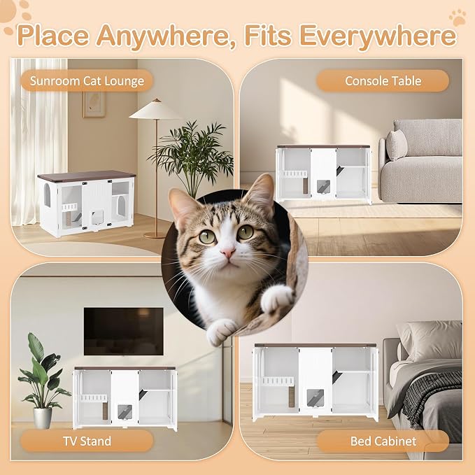 Large Cat Litter Box Enclosure with LED Light, Hidden Cat Litter Box Furniture with Smart 4-Way Locking Door, Cat Pet Storage Cabinet Side Table with Scratching Post, Stairs & Acrylic Doors