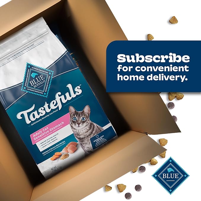 Blue Buffalo Tastefuls Adult Dry Cat Food Sensitive Stomach Formula, Made in the USA with Natural Ingredients, Chicken Recipe, 7-lb. Bag