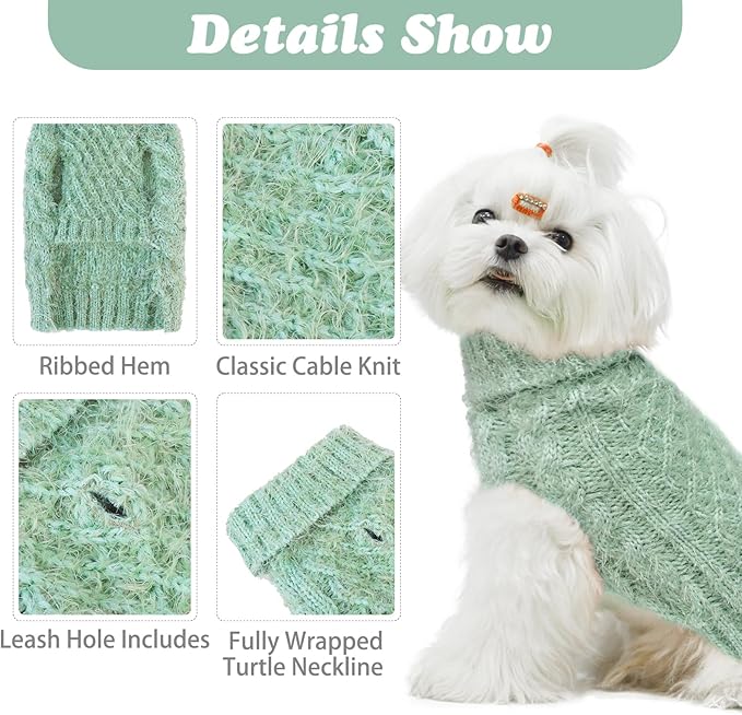 Turtleneck Small Dog Sweaters - Classic Cable Knitwear Winter Coat for Small Medium Dogs Male Female Puppy Dog Cold Weather Clothes Girls Boys, Green, S/M