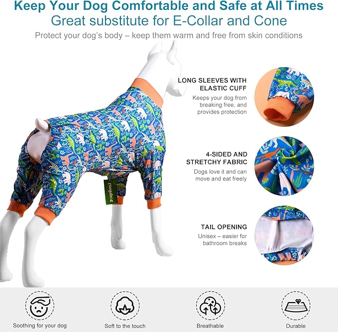 LovinPet Large Breed Dog Clothes Pajamas, Wound Care/Post Surgery Full Coverage Shirt, Dinosaur Land Blue Print, Lightweight Stretchy Knit Pullover Dog Onesie, Pet Pajamas for Dogs, Pet PJ's, XL