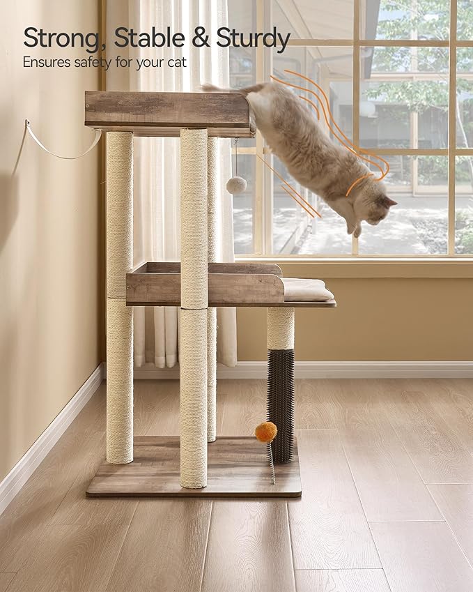FourFurPets 43.7" Cat Tree, Modern Cat Tree Tower, Cat Tower for Indoor Cats Large Adult, Cat Condo with Scratching Post, Large Perch and Removable Pads, Greige