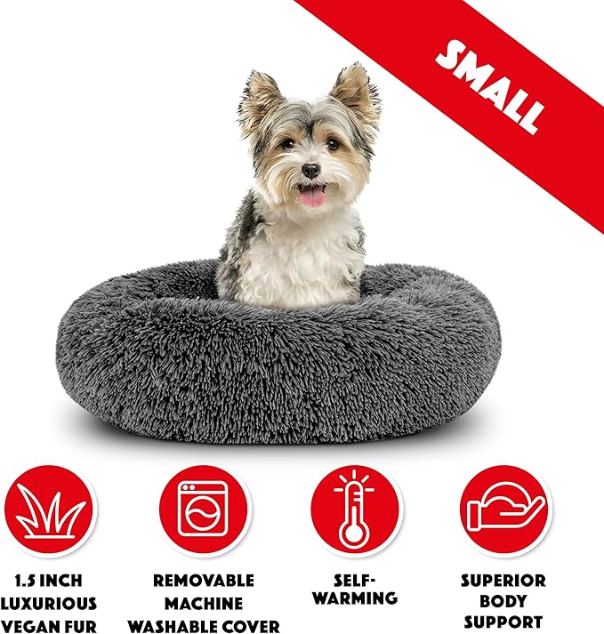 The Dog’s Bed Sound Sleep Donut Dog Bed, Small Dark Grey Fur Calming Nest Bed, Veterinary Approved