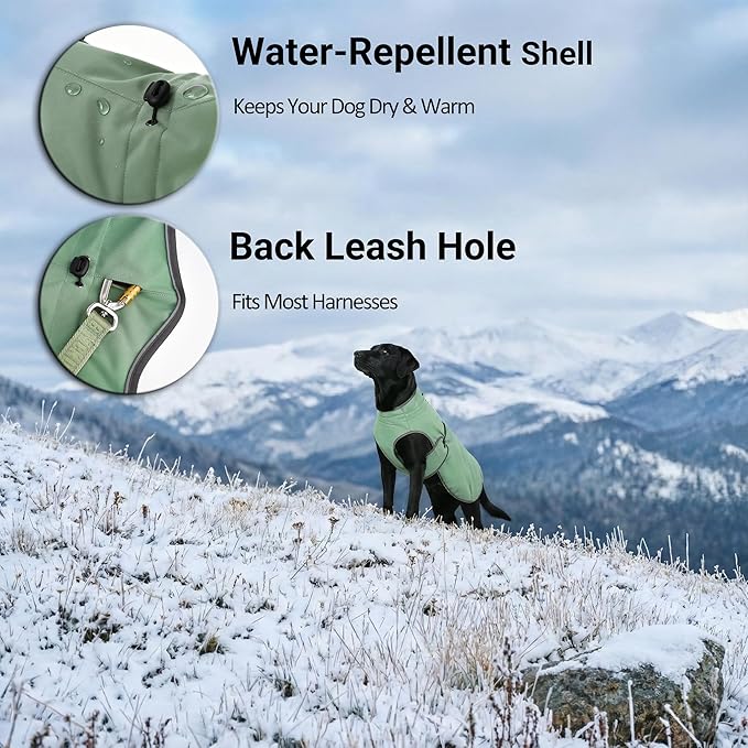 Water-Repellent Dog Winter Vest, Fleece Lined Warm Jacket for Hiking & Running, Adjustable Athletic Fit with Anti-Slip Leg Straps for Active Dogs (Green, Large)