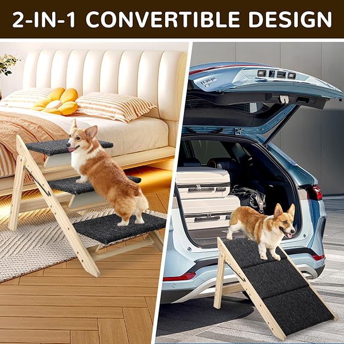 Foldable Dog Stair 2-in-1 with 3 Steps, New Zealand Pine Frame and Non-Slip Carpet Suitable for High Beds, Car,Couch, Durable Wooden Pet Stairs for Small Medium and Large Dogs, No Assembly Required