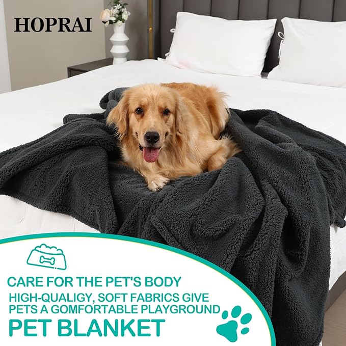 HOPRAI Waterproof Pet Blanket for Medium Large Dogs Washable Fluffy Thick Jacquard Shag Fleece Warm Sherpa Pet Blanket Cats Puppy Couch Protection (Gray L57*65inches)