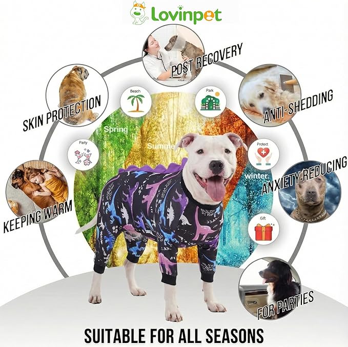 LovinPet Large Dog Pajamas, Four-Leg Stretch Onesie Bodysuit, Lightweight UV-Shielding Pajamas, Anti-Lick Calming Recovery Suit for Surgery, Pull-On for Medium and Large Breeds， Black， 3XL