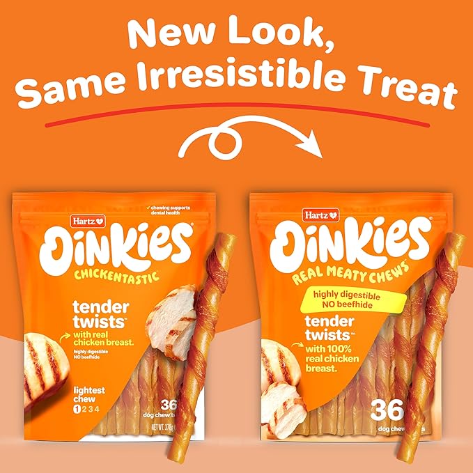 Hartz Oinkies Tender Twists with Real Chicken Breast Rawhide-Free Dog Treats, Highly Digestible Dog Chews, 72 Count