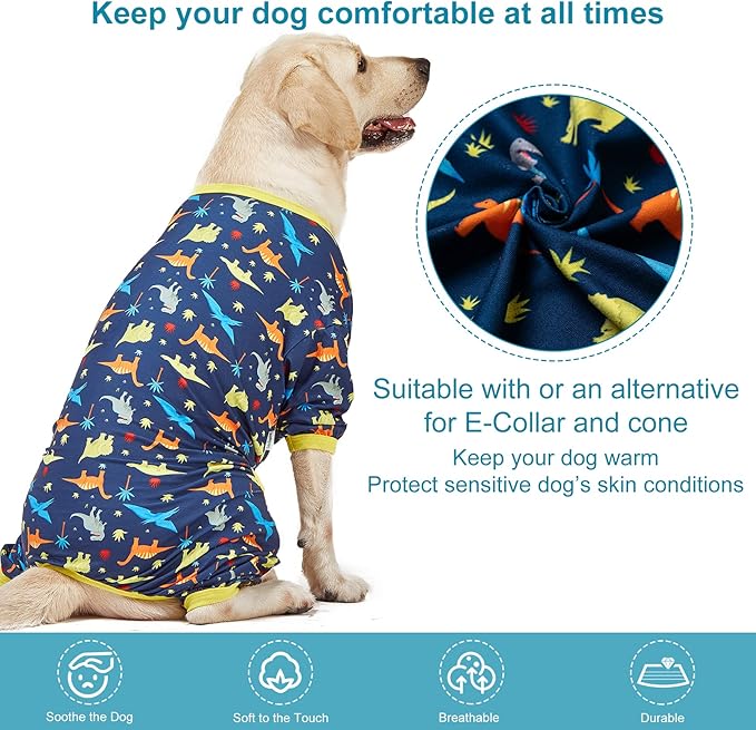 LovinPet Big Dog Pajamas for Large Dogs/Prehistoric Adventure Dinosaur Navy Print/Lightweight Stretchy Knit Pullover Dog Clothes/Large Dog Onesie, Pet Pajamas for Dogs, Pet PJ's /3XL