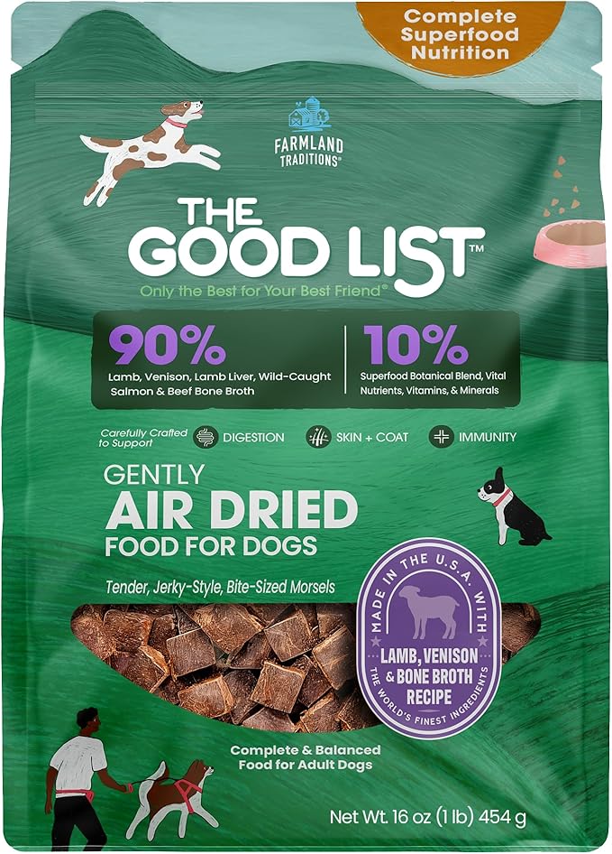 Farmland Traditions The Good List Air-Dried Dog Food, Premium Lamb, Venison, & Bone Broth for Dogs, Protein Rich & Grain-Free Nutrition, 1 Pound Bag
