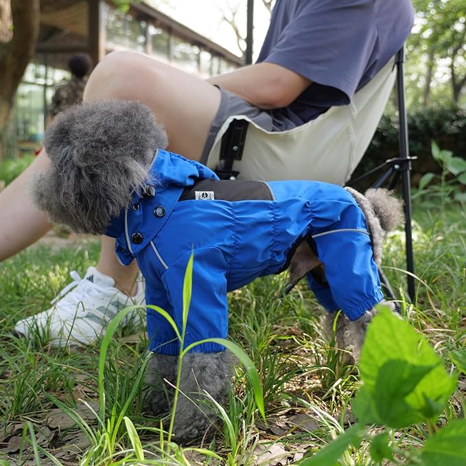 LOVELONGLONG Waterproof Dog Raincoat with Removable Hood – Outdoor Full Body Dog Jacket, Windproof Snowproof Shell Suit – All Season Pet Rain Gear Blue S+