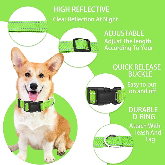 Reflective Dog Collar with Safety Locking Buckle, Adjustable Soft Breathable Nylon Collars for Small, Medium and Large Dogs(Collar+Leash L Green)