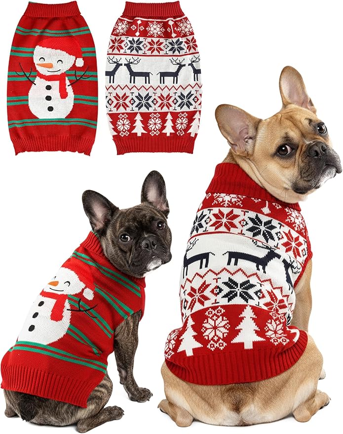 2PCS Dog Christmas Sweater, Soft Warm Pet Clothes Coat for Small Medium Large Dogs and Cats Boy Girl, Fall Cozy Holiday Turtleneck Knitting Collar Pullover Pup Outfit Costume for Thanksgiving New Year