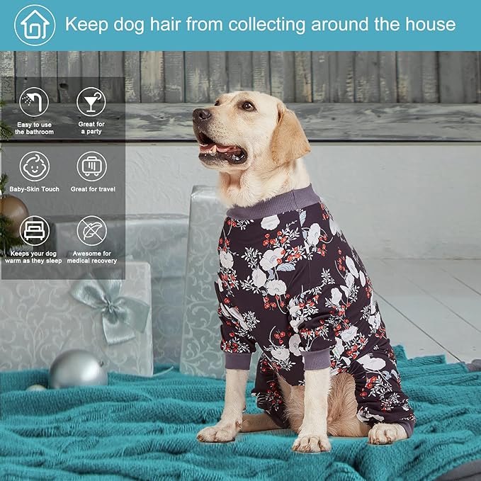 LovinPet Medium/Big Breeds Large Dog Pajamas, Anti Licking, Wound Care/Post Surgery Dogs Pajamas, Lightweight Stretchy Fabric, Beautiful Bouquets Black Print Large Dog Onesies, Pet PJ's /3XL